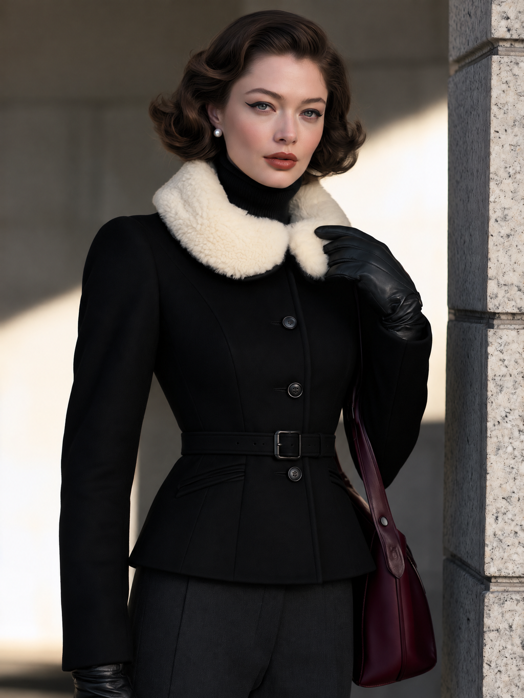 Vintage Black Button-Front Belted White Plush Collar Jacket