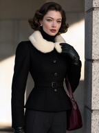 Vintage Black Button-Front Belted White Plush Collar Jacket