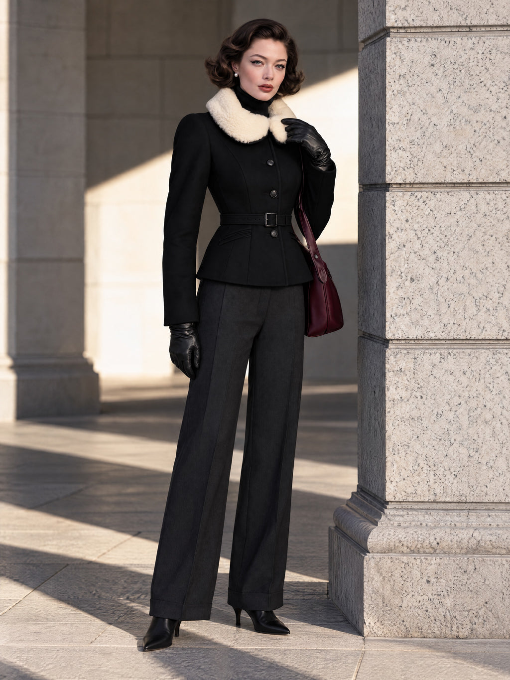 Vintage Black Button-Front Belted White Plush Collar Jacket
