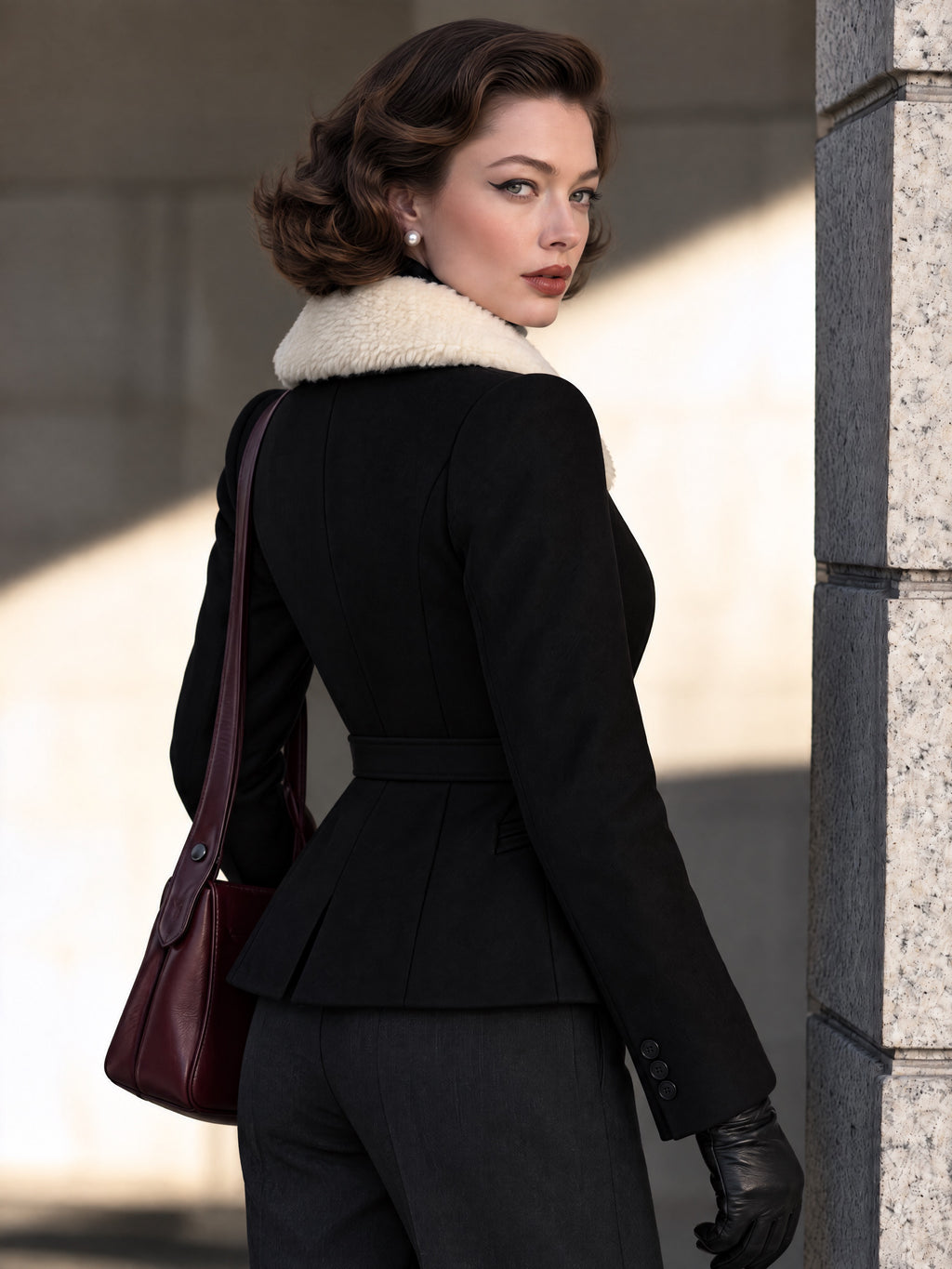 Vintage Black Button-Front Belted White Plush Collar Jacket