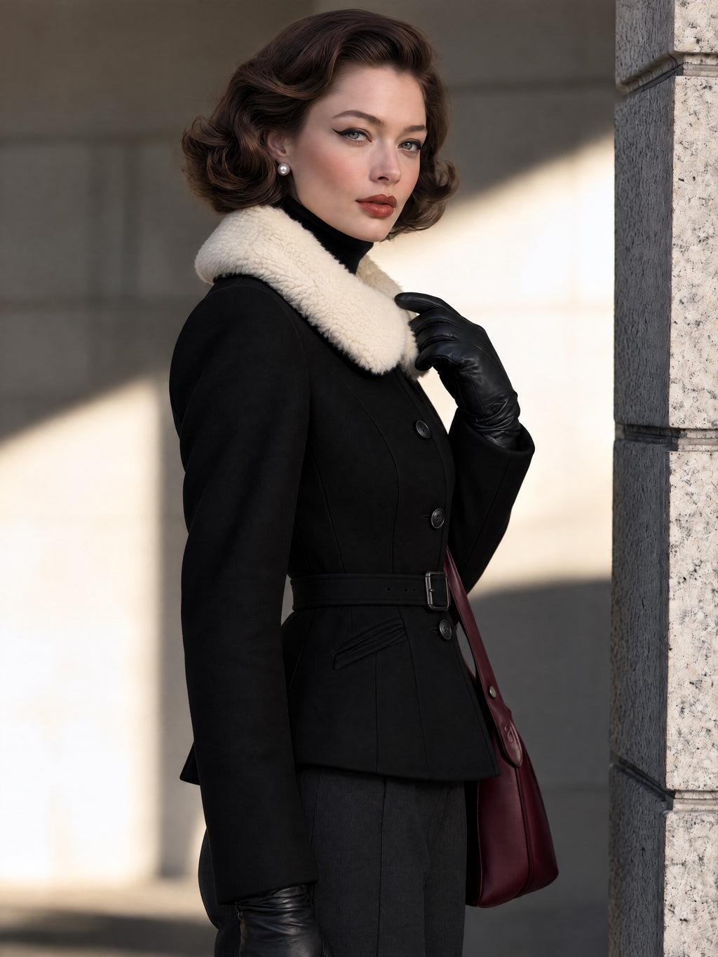 Vintage Black Button-Front Belted White Plush Collar Jacket