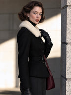 Vintage Black Button-Front Belted White Plush Collar Jacket