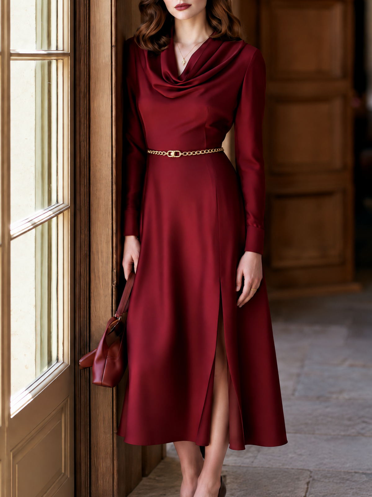 Vintage Burgundy Satin Cowl Neck Front Slit Midi Dress