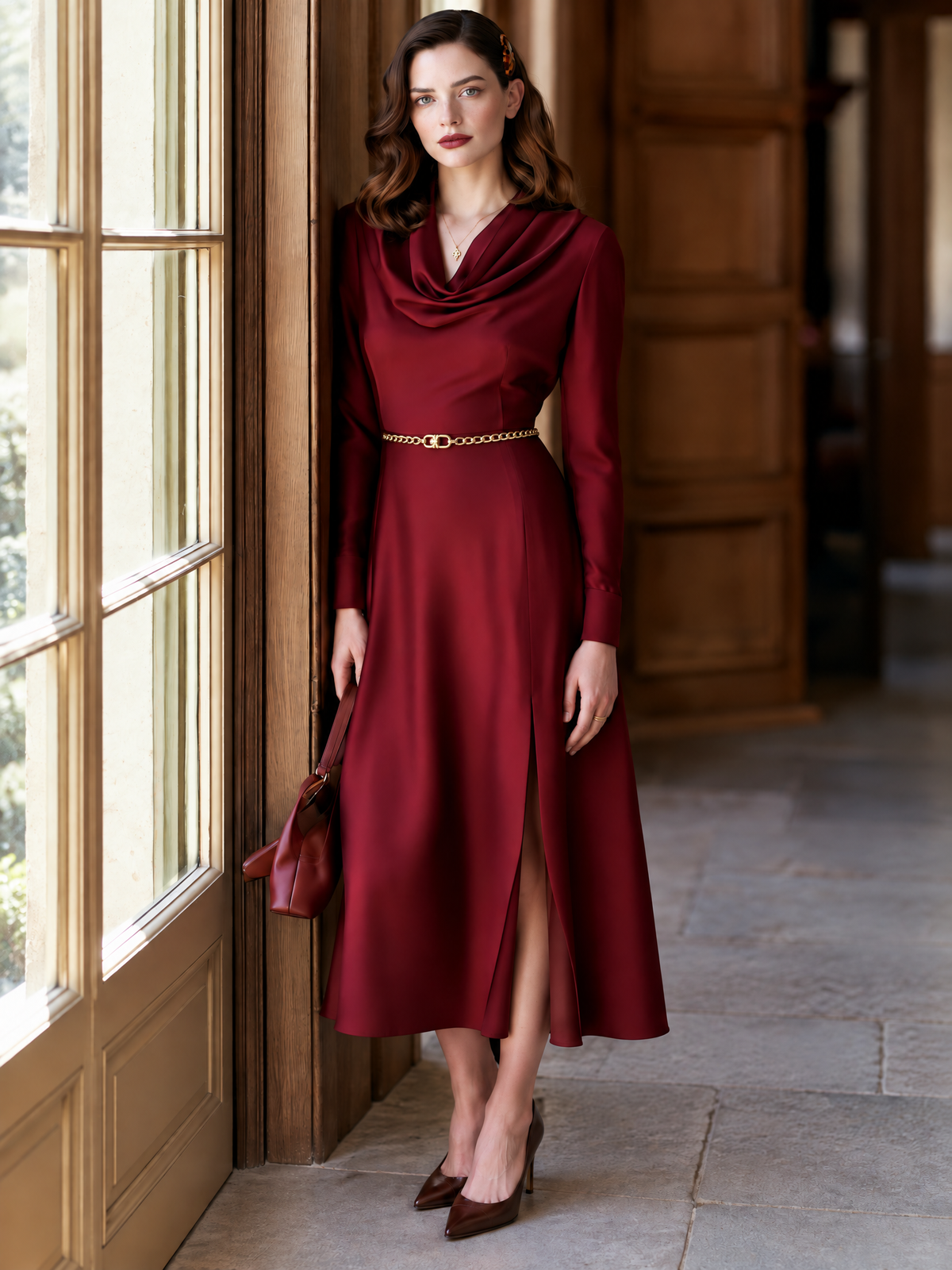 Vintage Burgundy Satin Cowl Neck Front Slit Midi Dress
