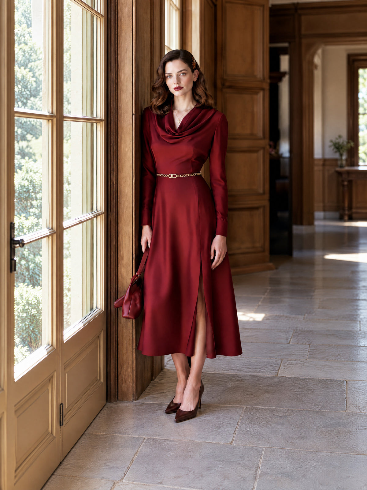 Vintage Burgundy Satin Cowl Neck Front Slit Midi Dress