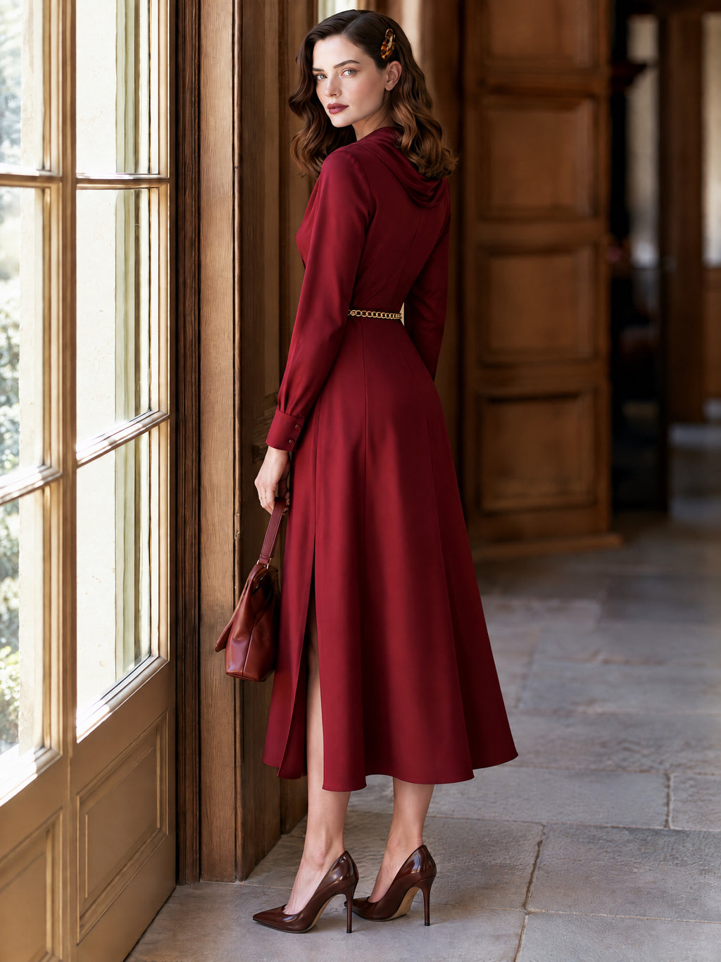 Vintage Burgundy Satin Cowl Neck Front Slit Midi Dress