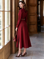 Vintage Burgundy Satin Cowl Neck Front Slit Midi Dress