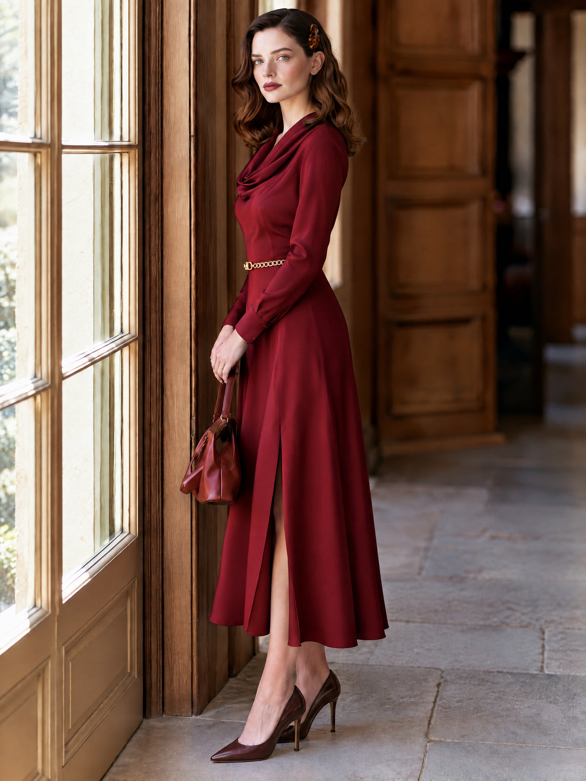 Vintage Burgundy Satin Cowl Neck Front Slit Midi Dress