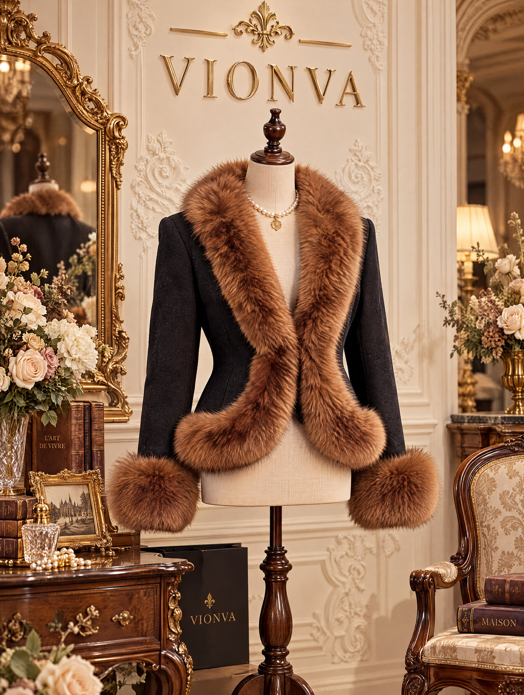 Vintage Faux Fur Trim Fitted Wool Short Jacket