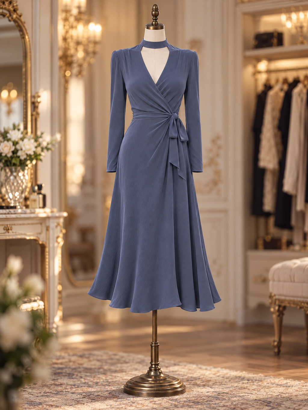 Vintage Slate Blue Choker Wrap V Neck Tie Waist Midi Dress