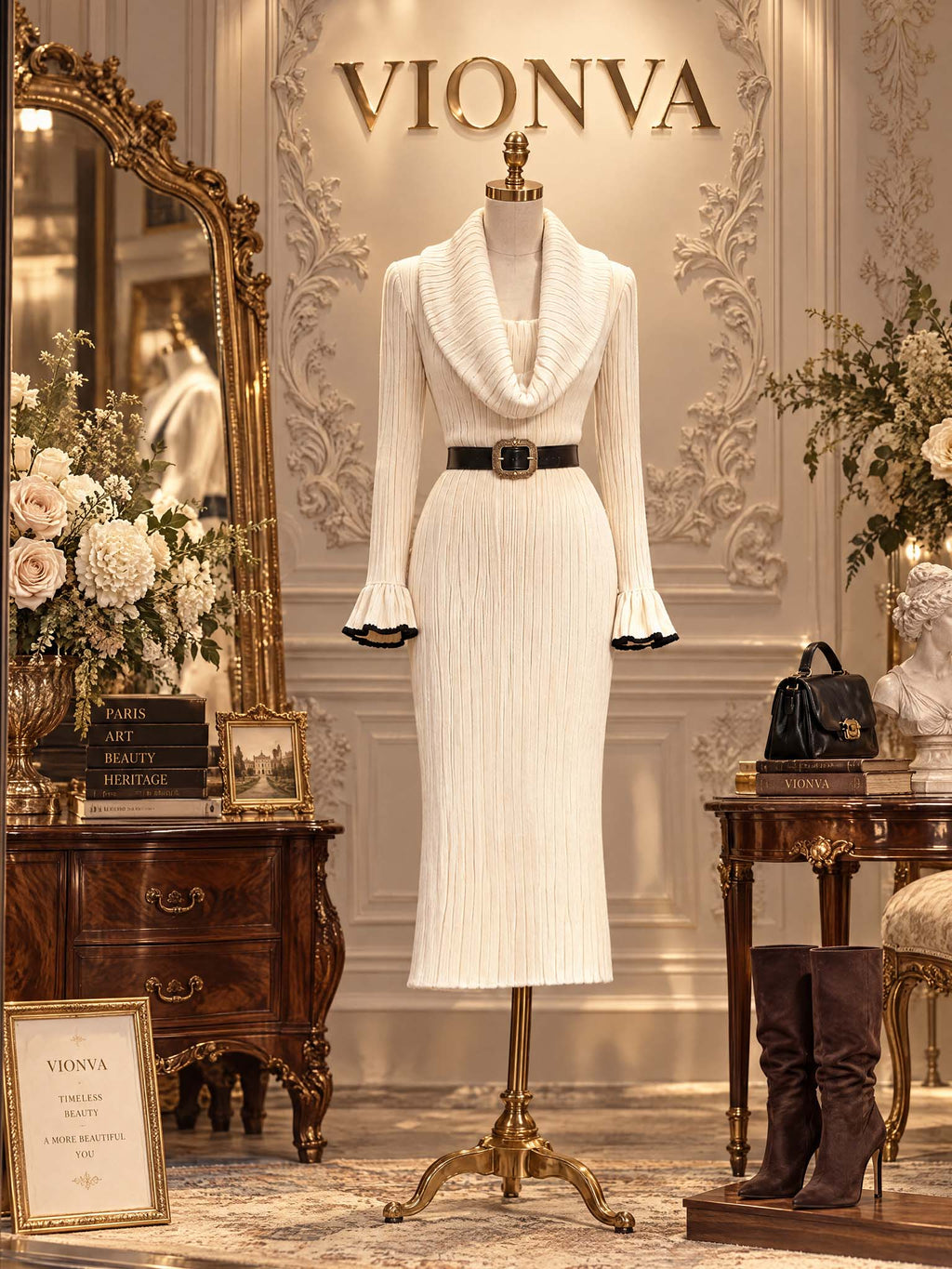 Vintage Cowl Collar Rib Knit Midi Dress