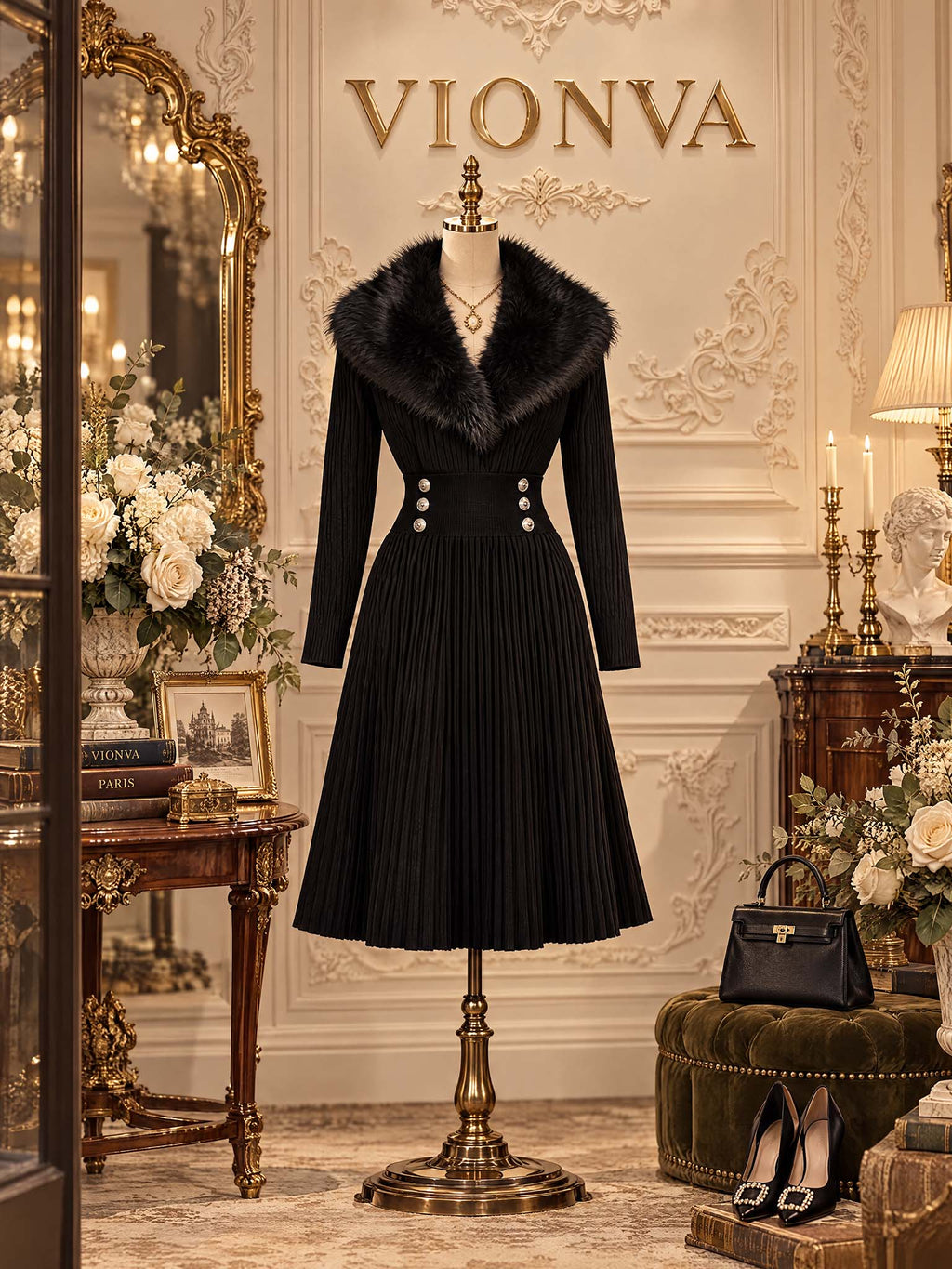 Vintage Faux Fur Collar Ribbed Knit Midi Dress