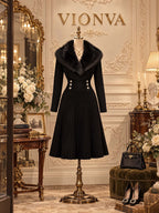 Vintage Faux Fur Collar Ribbed Knit Midi Dress
