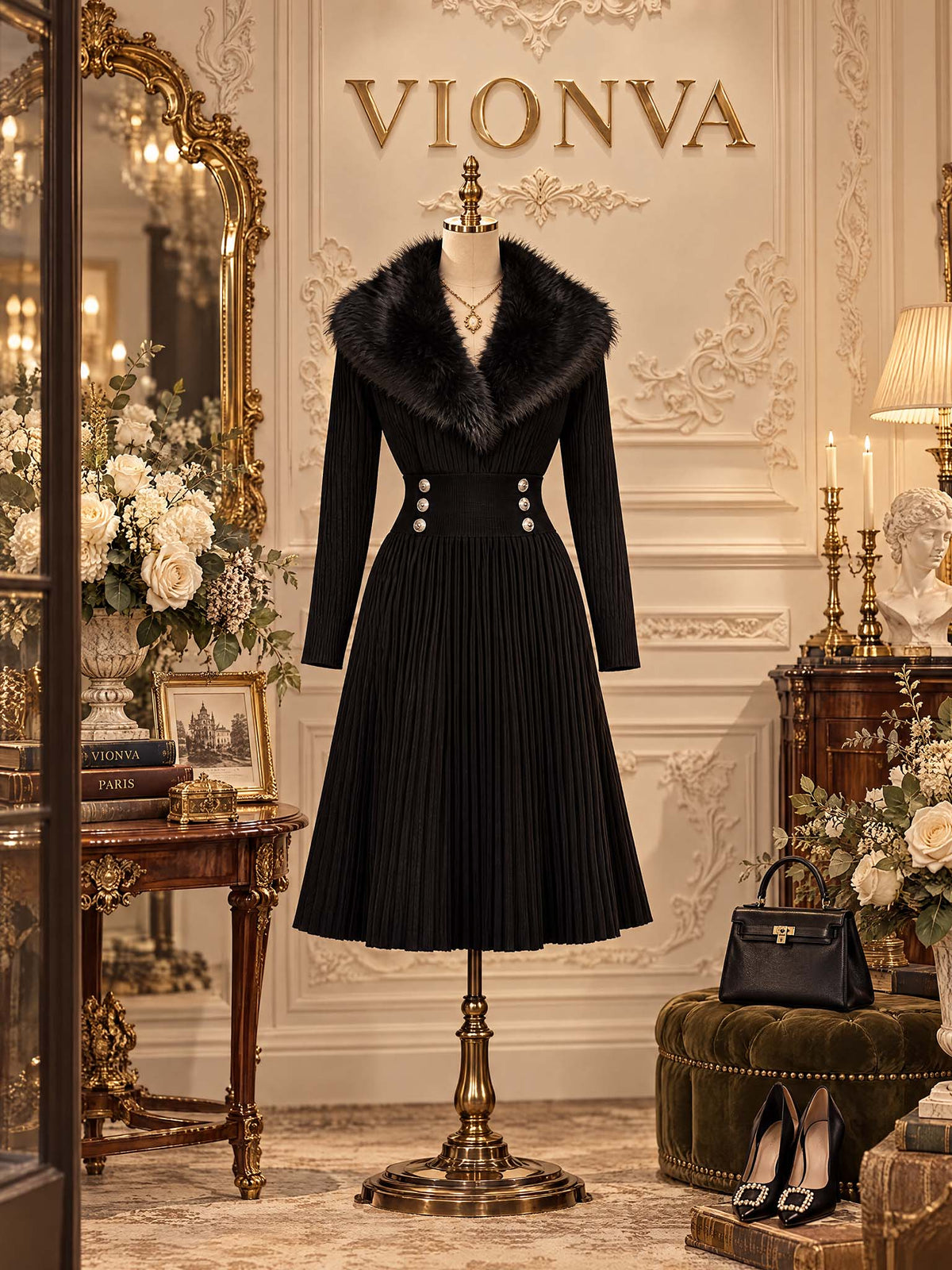 Vintage Faux Fur Collar Ribbed Knit Midi Dress