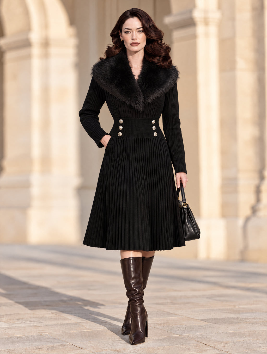 Vintage Faux Fur Collar Ribbed Knit Midi Dress