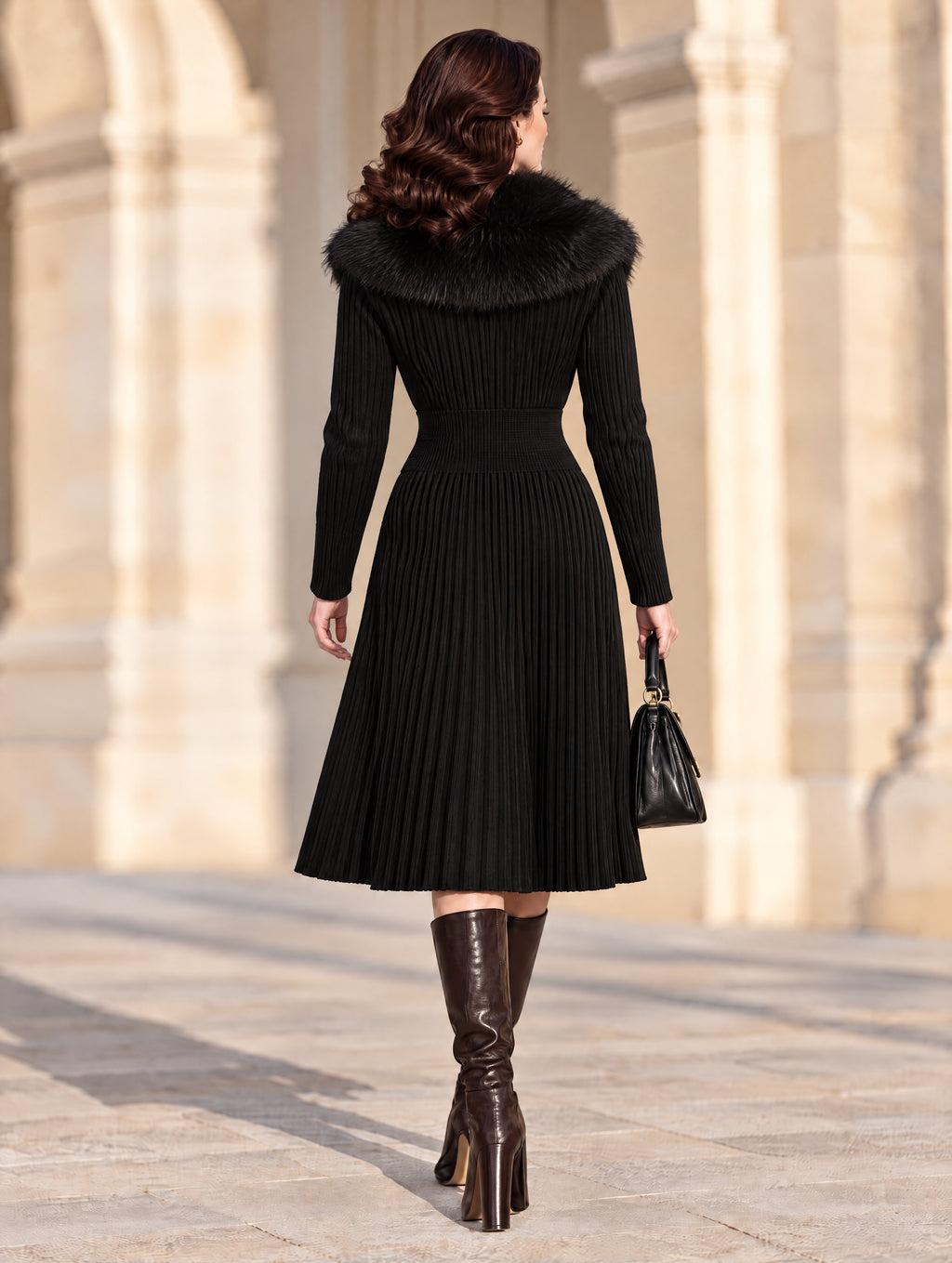 Vintage Faux Fur Collar Ribbed Knit Midi Dress