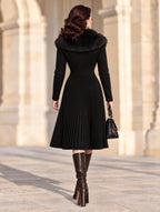 Vintage Faux Fur Collar Ribbed Knit Midi Dress