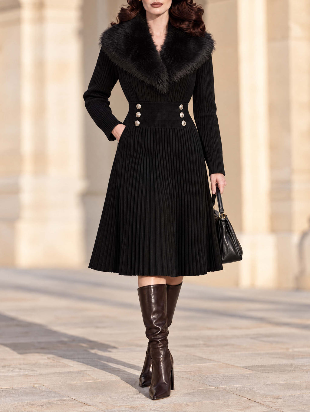 Vintage Faux Fur Collar Ribbed Knit Midi Dress