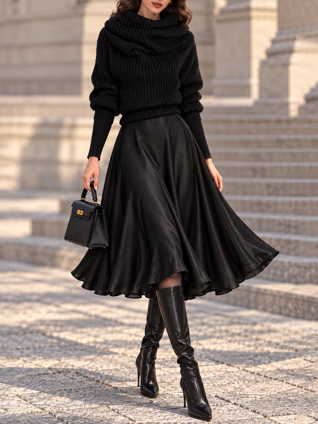 Vintage Black Cowl Neck Sweater Satin Dress Set