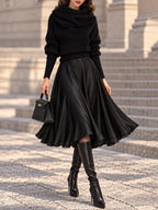 Vintage Black Cowl Neck Sweater Satin Dress Set