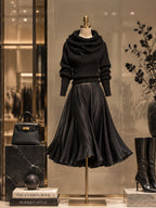 Vintage Black Cowl Neck Sweater Satin Dress Set