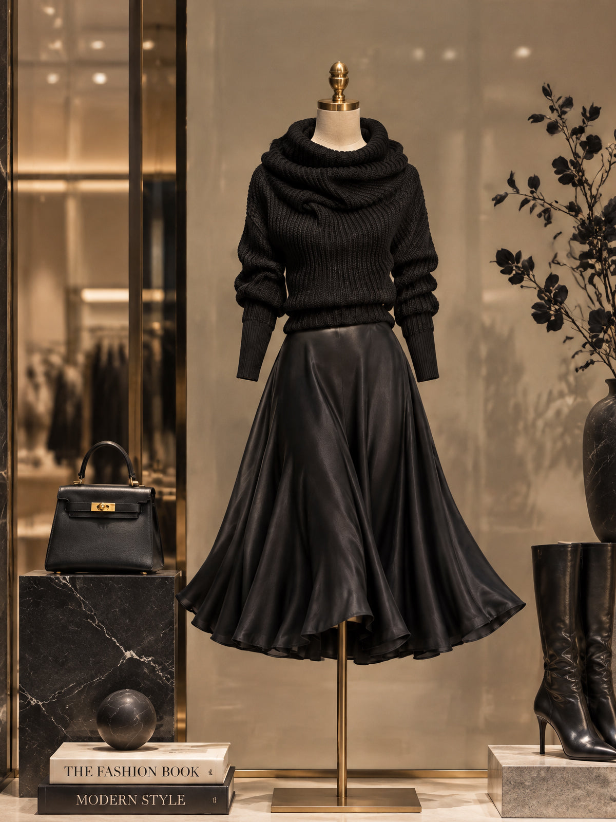 Vintage Black Cowl Neck Sweater Satin Dress Set