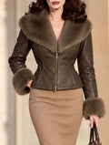 Vintage Faux Fur Collar Fitted Leather Jacket