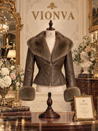 Vintage Faux Fur Collar Fitted Leather Jacket