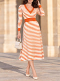 Vintage Sunset Stripe V-Neck Midi Knit Dress