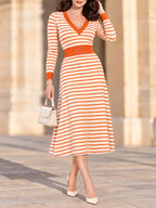 Vintage Sunset Stripe V-Neck Midi Knit Dress