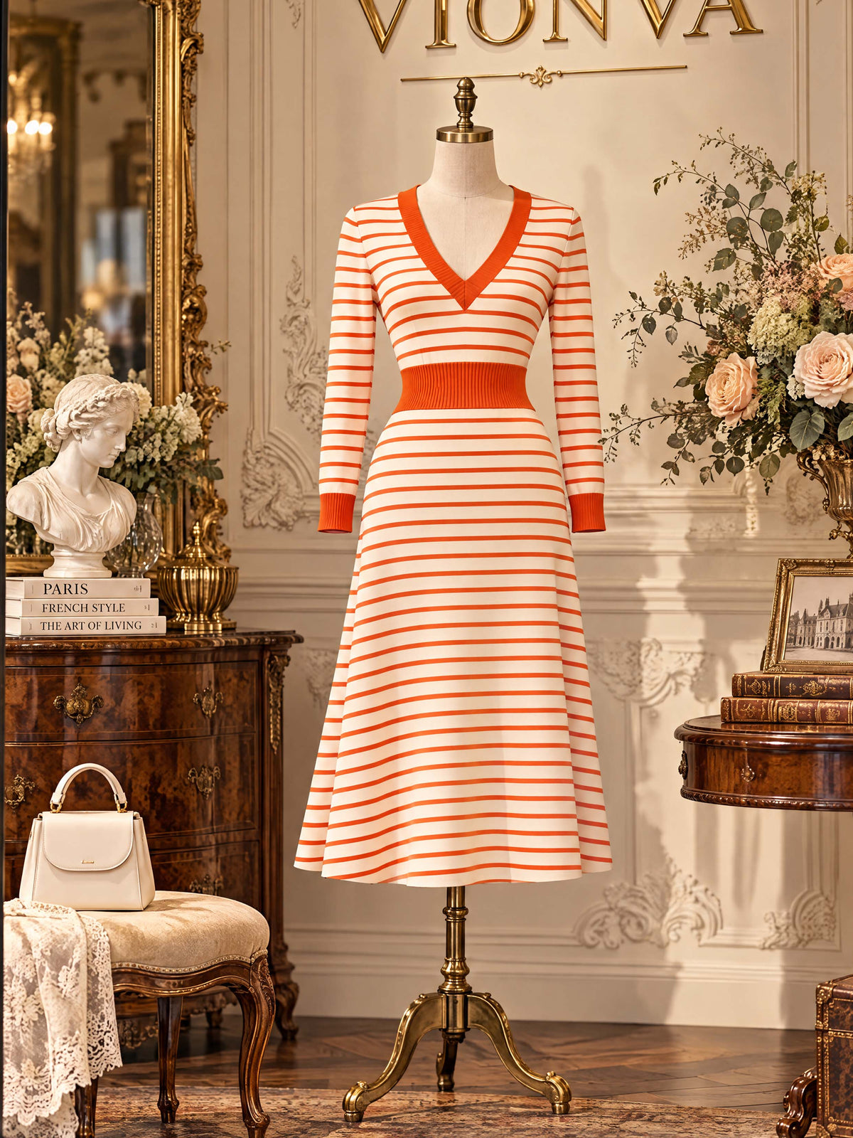 Vintage Sunset Stripe V-Neck Midi Knit Dress