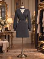 Vintage Dark Grey Choker V Neck Buckle Waist Mini Dress