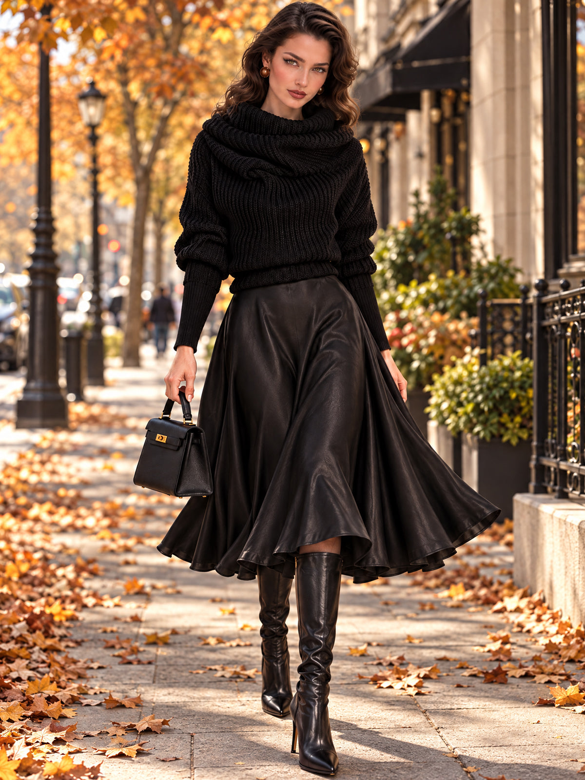 Vintage Black Cowl Neck Sweater Satin Dress Set