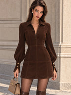 Vintage Brown Faux Suede Zip Front Mini Dress