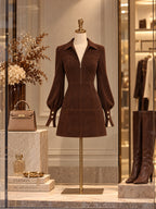 Vintage Brown Faux Suede Zip Front Mini Dress