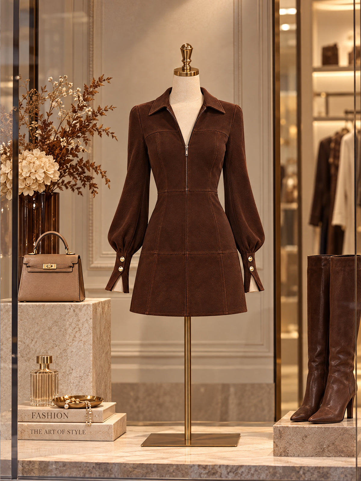 Vintage Brown Faux Suede Zip Front Mini Dress