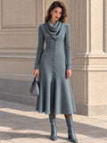 Slate Blue Knit Cowl Neck Long Sleeve Midi Dress with Button Front