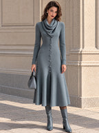 Slate Blue Knit Cowl Neck Long Sleeve Midi Dress with Button Front
