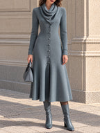 Slate Blue Knit Cowl Neck Long Sleeve Midi Dress with Button Front