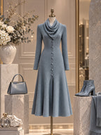 Slate Blue Knit Cowl Neck Long Sleeve Midi Dress with Button Front