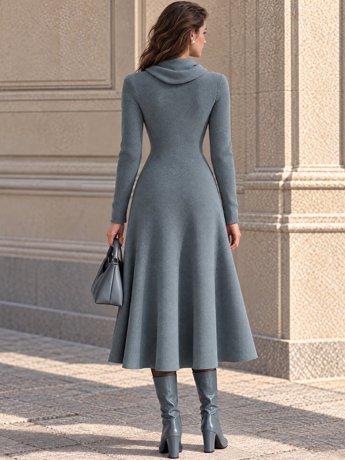 Slate Blue Knit Cowl Neck Long Sleeve Midi Dress with Button Front