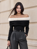 Vintage Black Off Shoulder Faux Fur Trim Ruched Long Sleeve Top