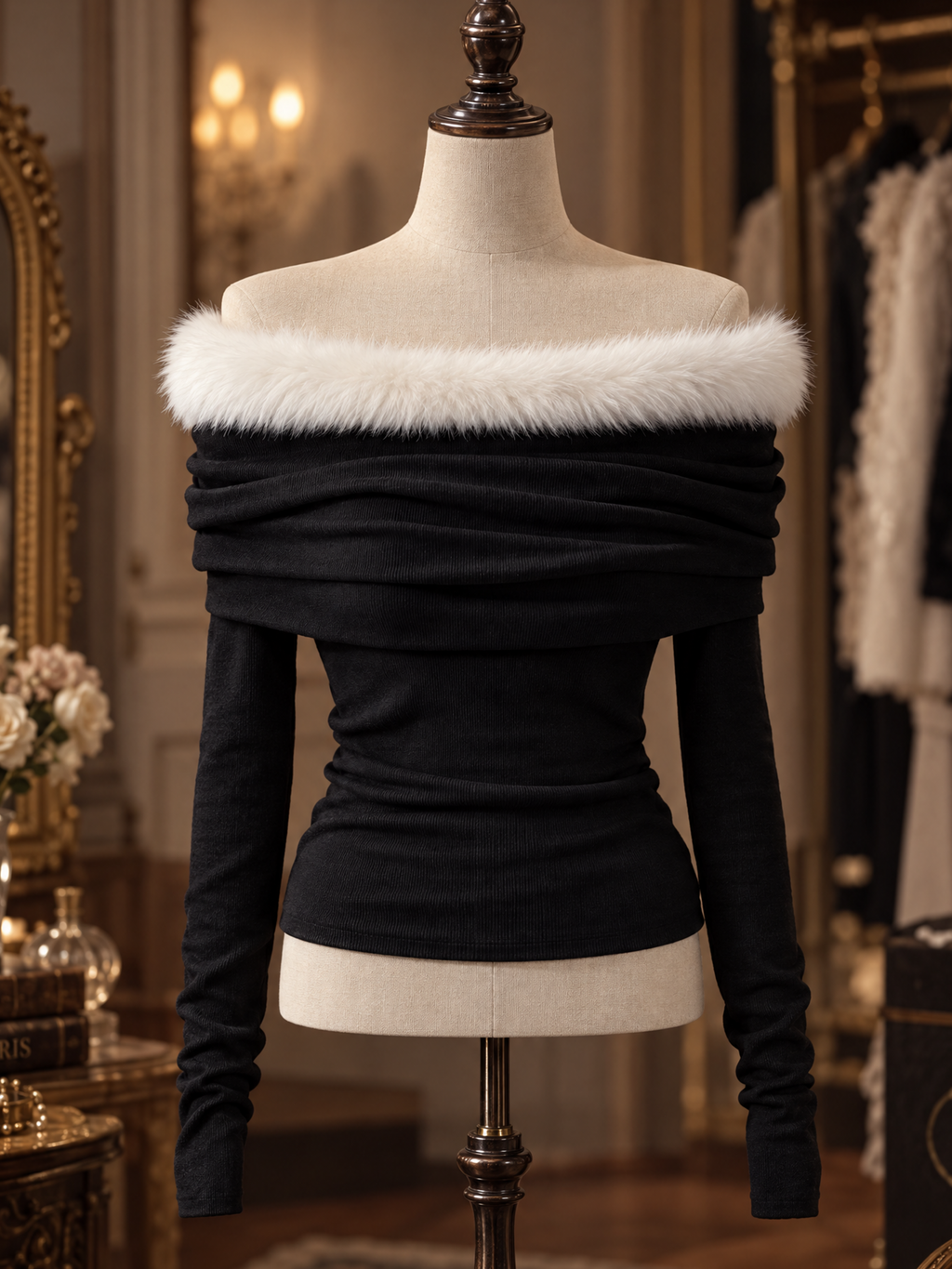 Vintage Black Off Shoulder Faux Fur Trim Ruched Long Sleeve Top
