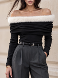 Vintage Black Off Shoulder Faux Fur Trim Ruched Long Sleeve Top
