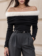Vintage Black Off Shoulder Faux Fur Trim Ruched Long Sleeve Top