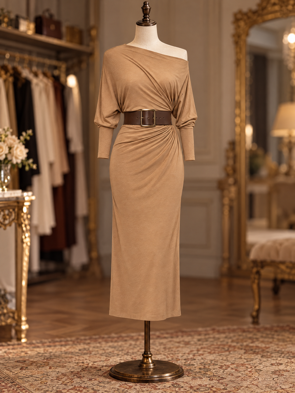 Vintage Camel Off Shoulder Belted Ruched Midi Dress