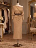 Vintage Camel Off Shoulder Belted Ruched Midi Dress
