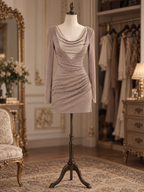 Vintage Taupe V Trim Draped Neck Slim Mini Dress
