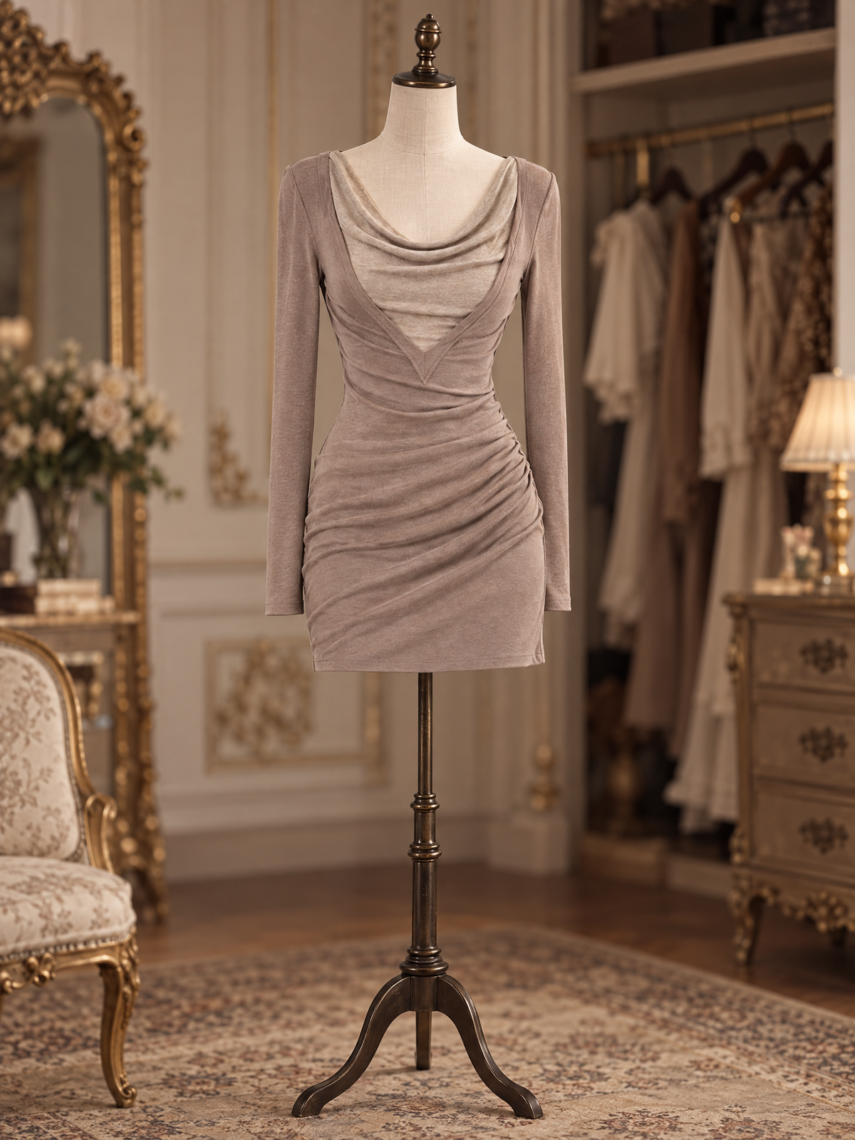 Vintage Taupe V Trim Draped Neck Slim Mini Dress