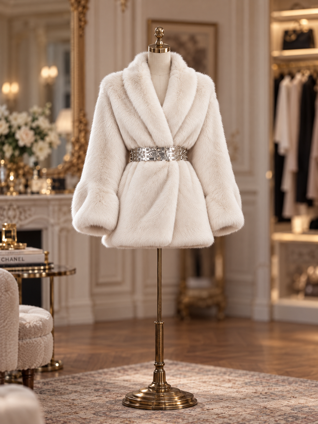 Vintage Creamy Thick Faux Fur Sequin Belt Wrap Coat